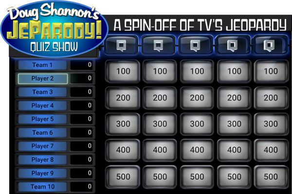 JeParody Quiz Show on screen gameboard. JeParody is a spin-off of TV's Jeopardy Game.