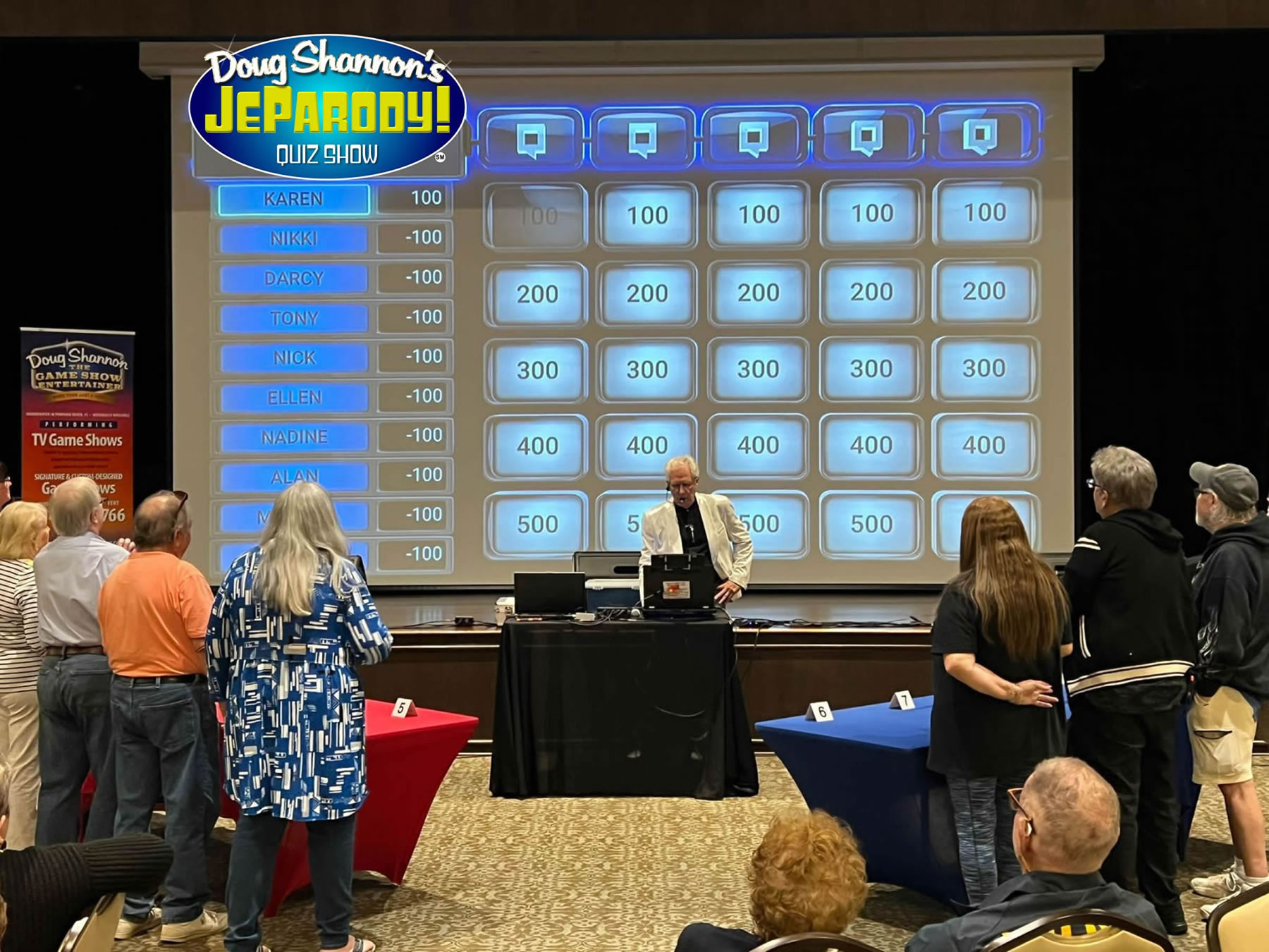 JeParody! Quiz Show Image of game screen and contestants playing the game with Doug hosting the show