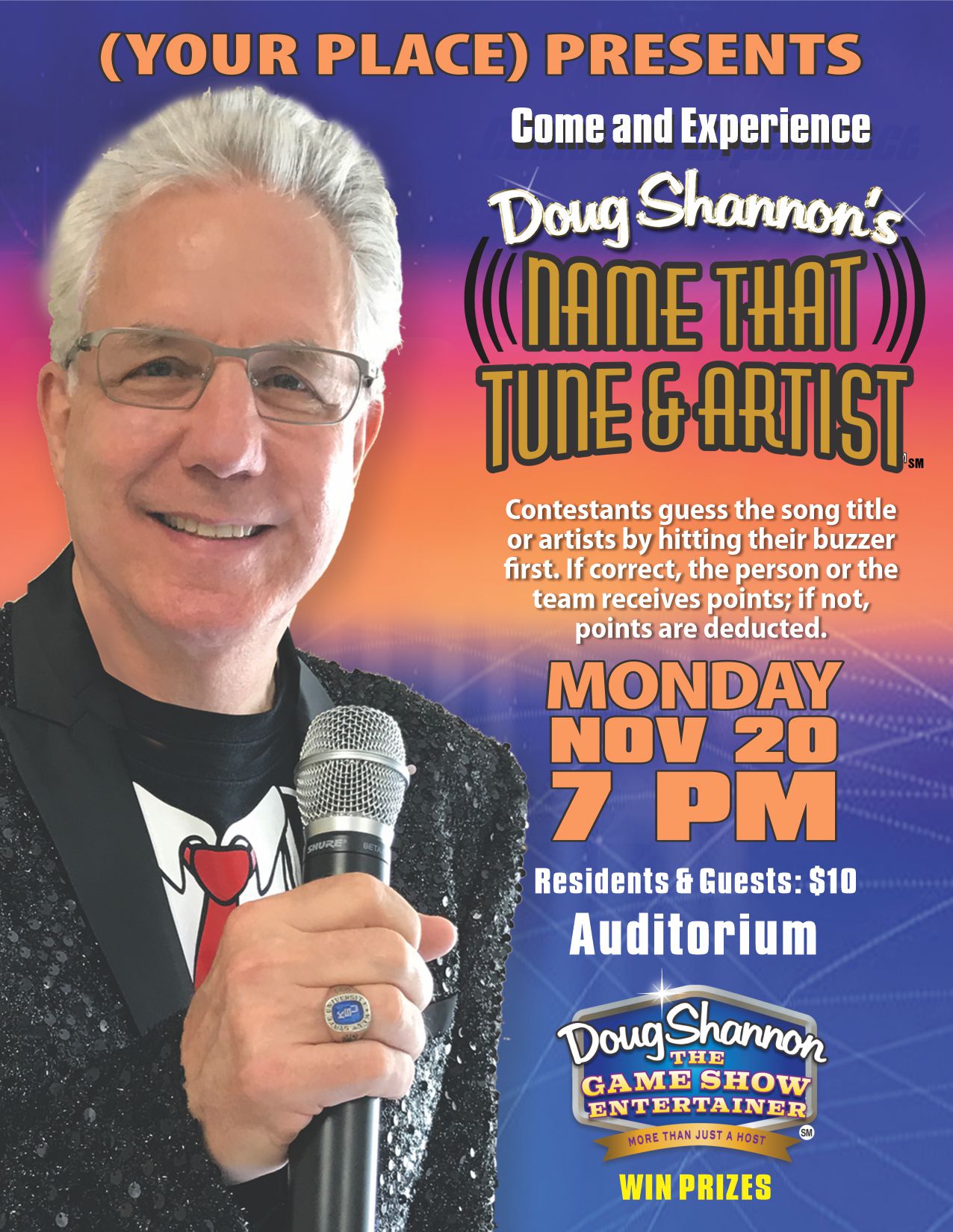 This image shows a sample of the flyer you can use to market the upcoming show online or in print for Doug Shannon's Name That Tune and Artist Game show.