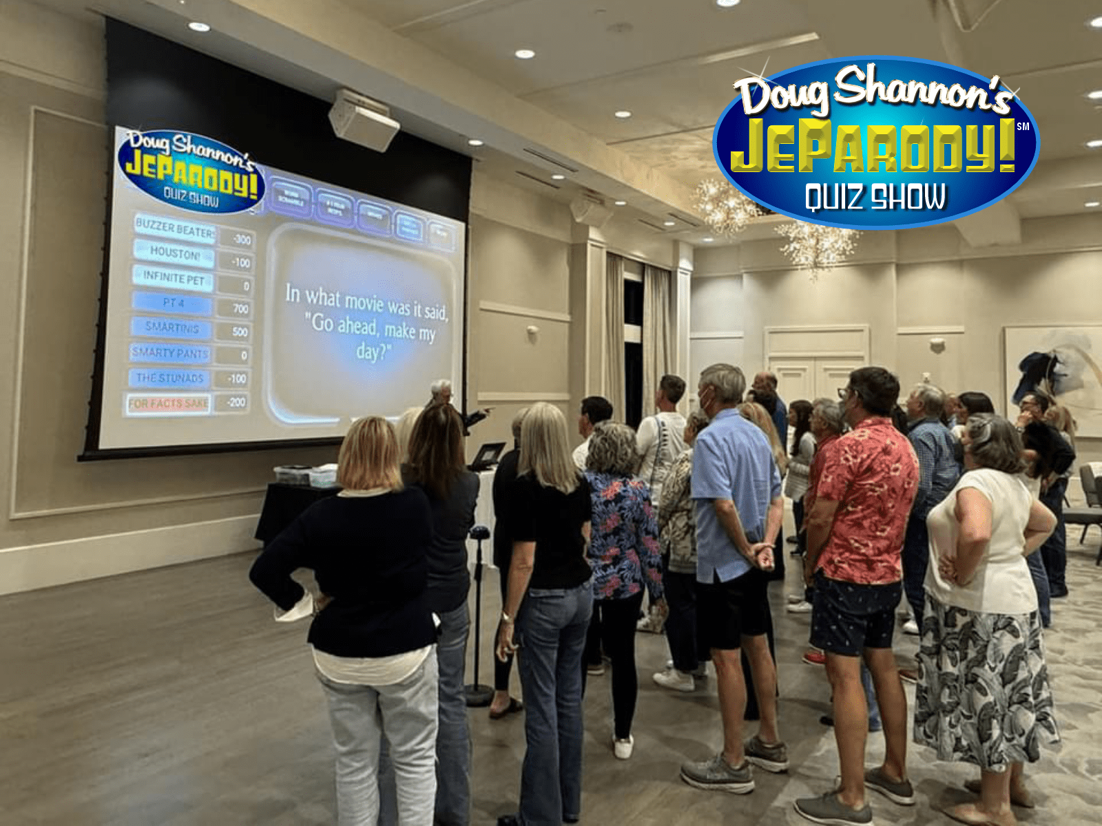 JeParody! Quiz Show Image of game screen and contestants playing the game with Doug hosting the show