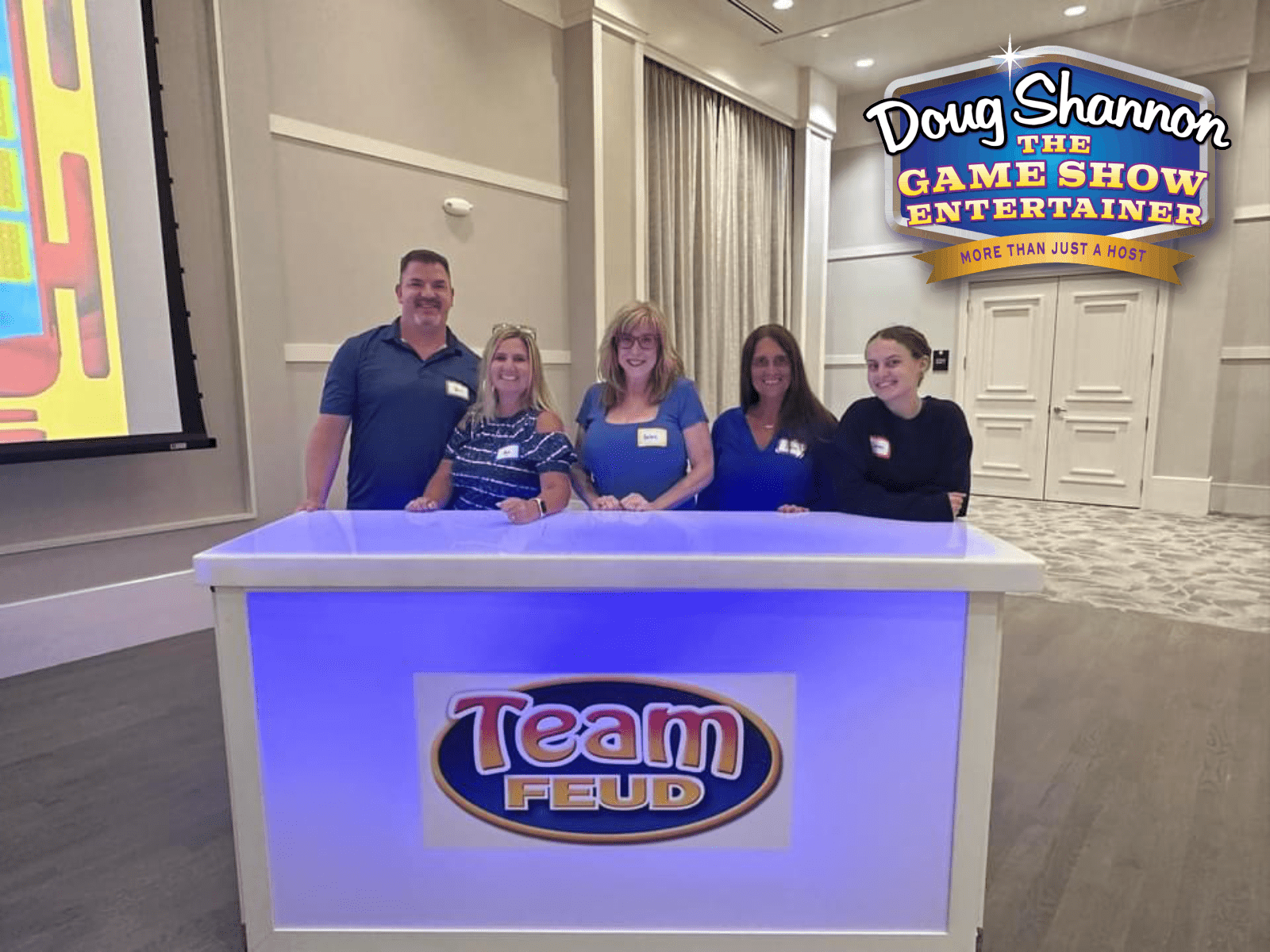 Team Feud with Doug Shannon. Game facades with Blue team showing