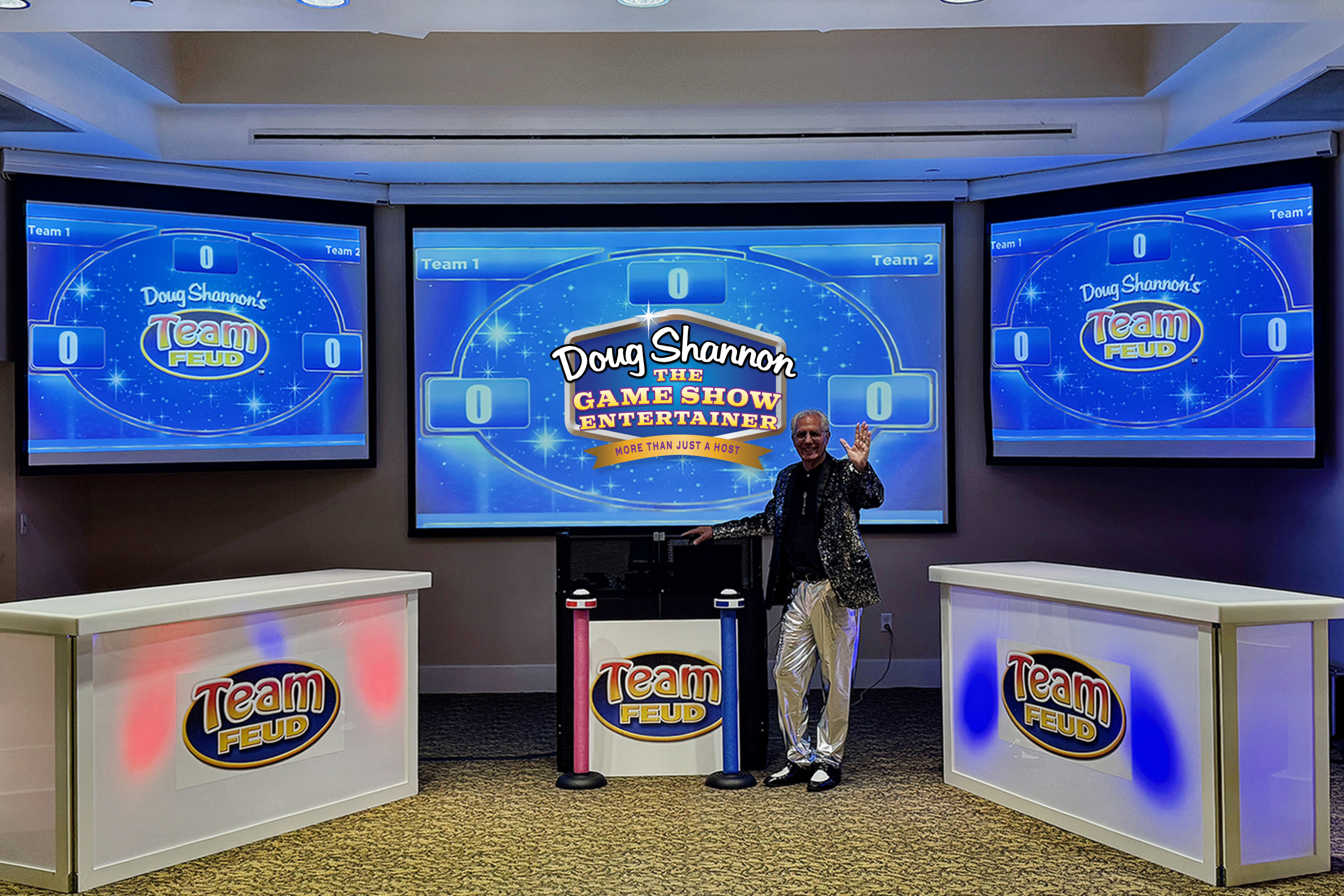 Doug Shannon's Team Feud game show stage setup with facades